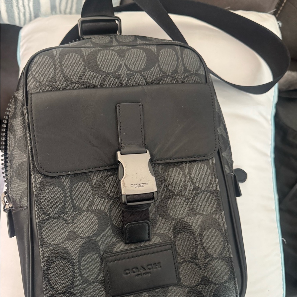 Coach Black and Gray Messenger Bag with Monogram Pattern